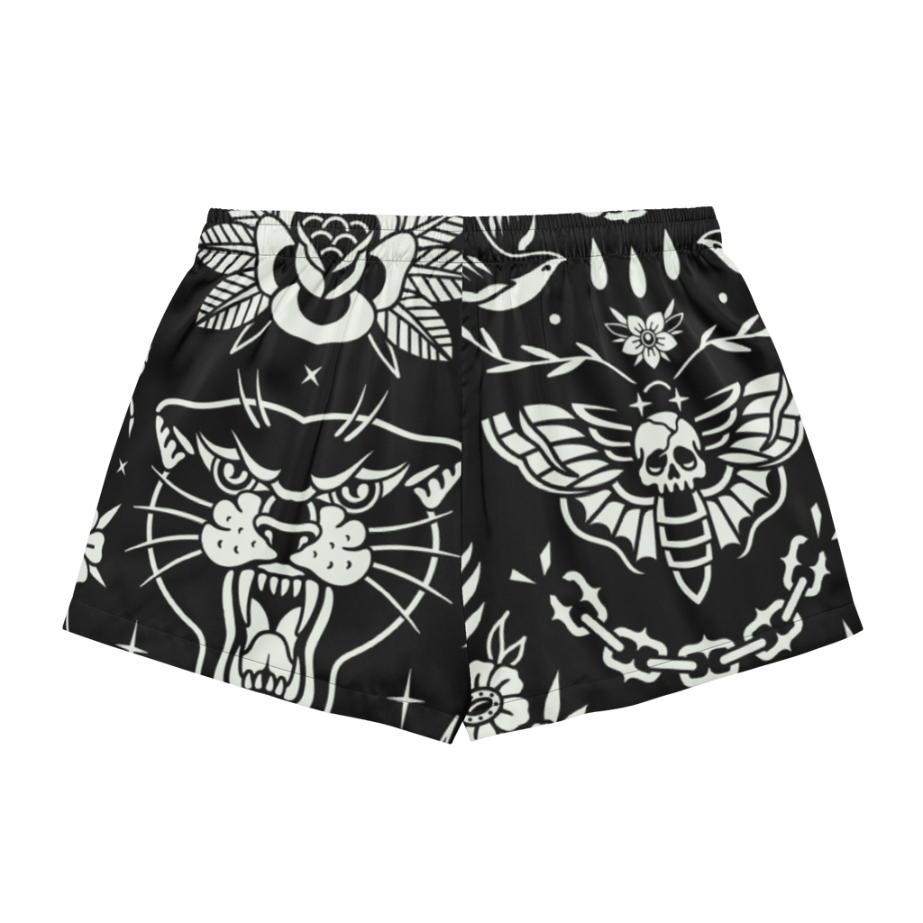 Old School Ink Silky Pajama Shorts by Goth Cloth Co. with vintage ink design and soft silky fabric for comfortable sleepwear