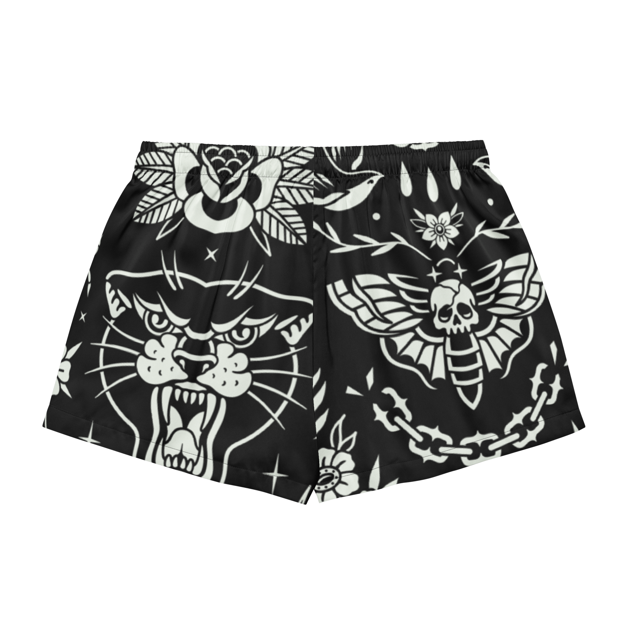 Old School Ink Silky Pajama Shorts by Goth Cloth Co. with vintage ink design and soft silky fabric for comfortable sleepwear