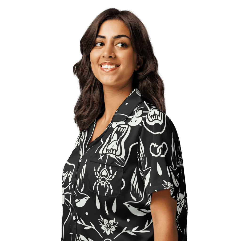 Old School Ink Silky Pajama Top by Goth Cloth Co. featuring a smooth, silky fabric with vintage-inspired ink print design.