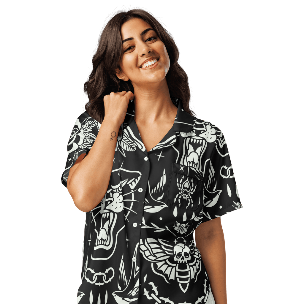 Old School Ink Silky Pajama Top by Goth Cloth Co. featuring smooth fabric and vintage-inspired ink design.