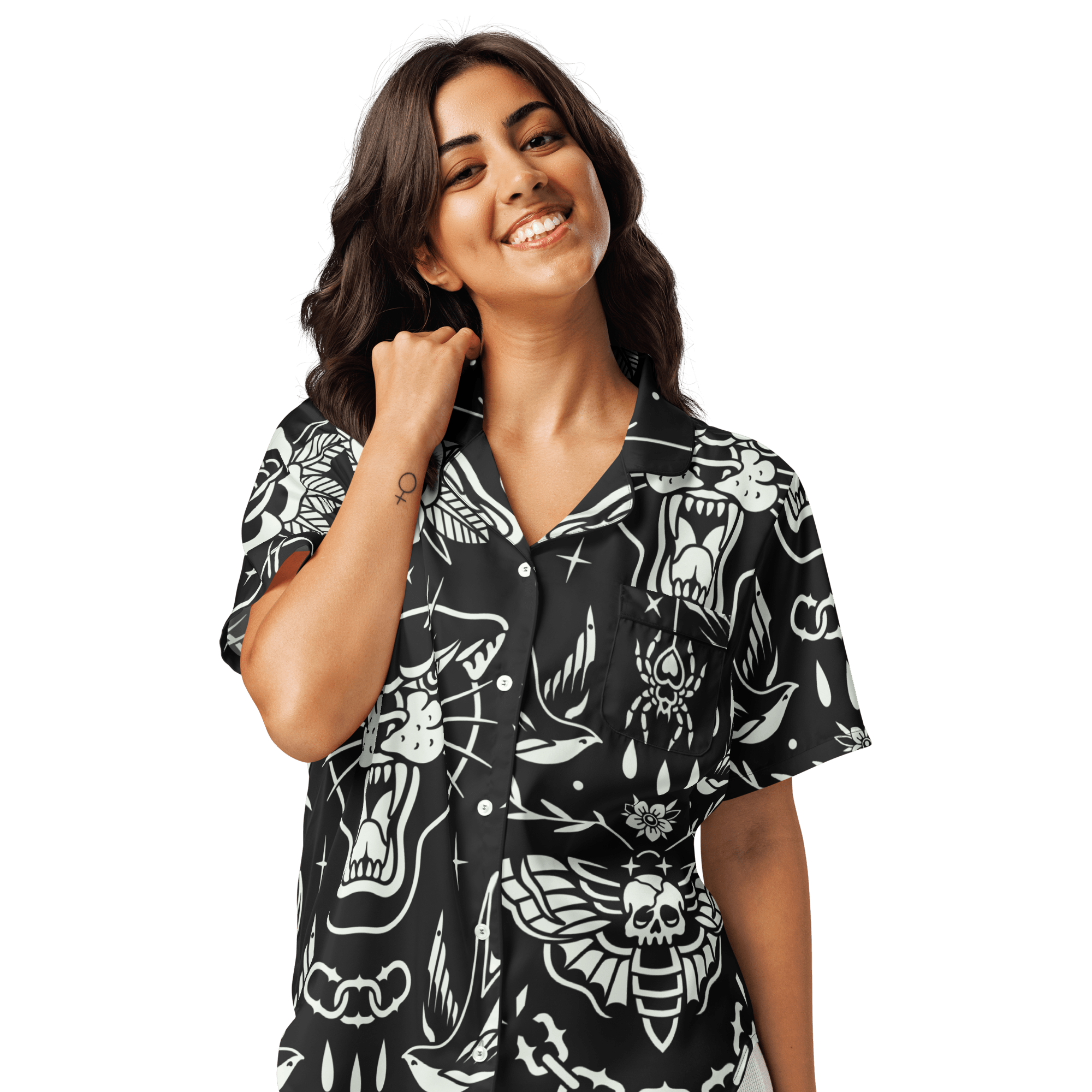 Old School Ink Silky Pajama Top by Goth Cloth Co. featuring smooth fabric and vintage-inspired ink design.