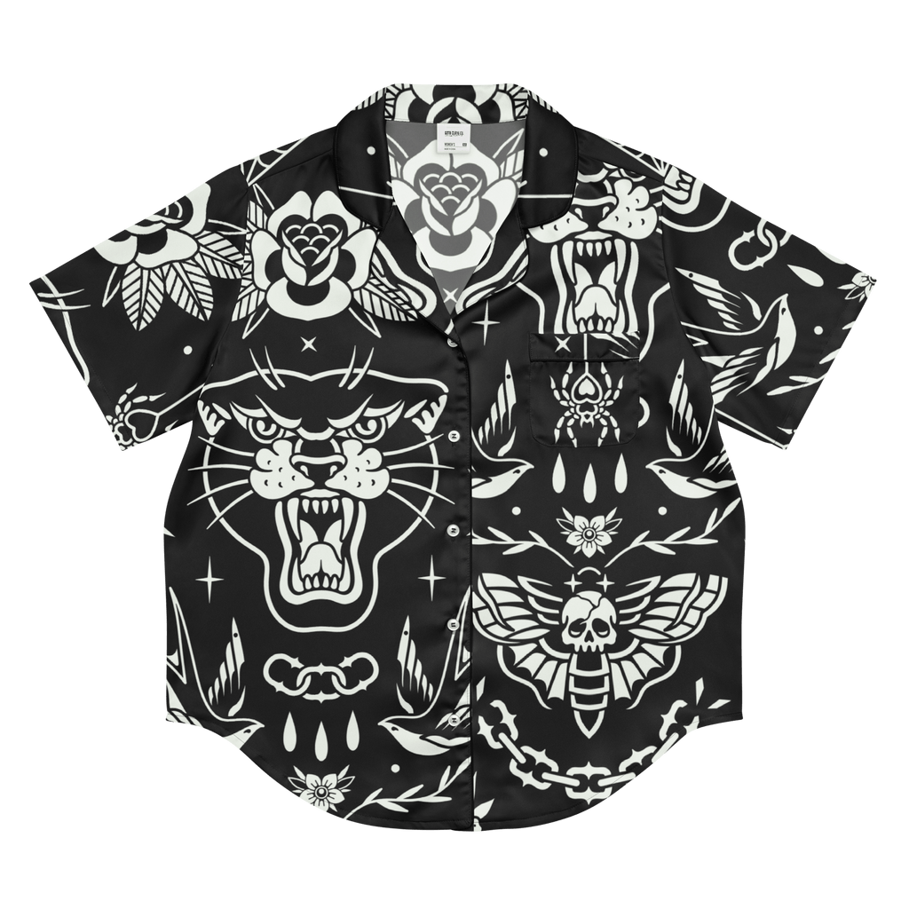 Old School Ink Silky Pajama Top by Goth Cloth Co. shown in black with a relaxed fit and smooth, silky fabric.