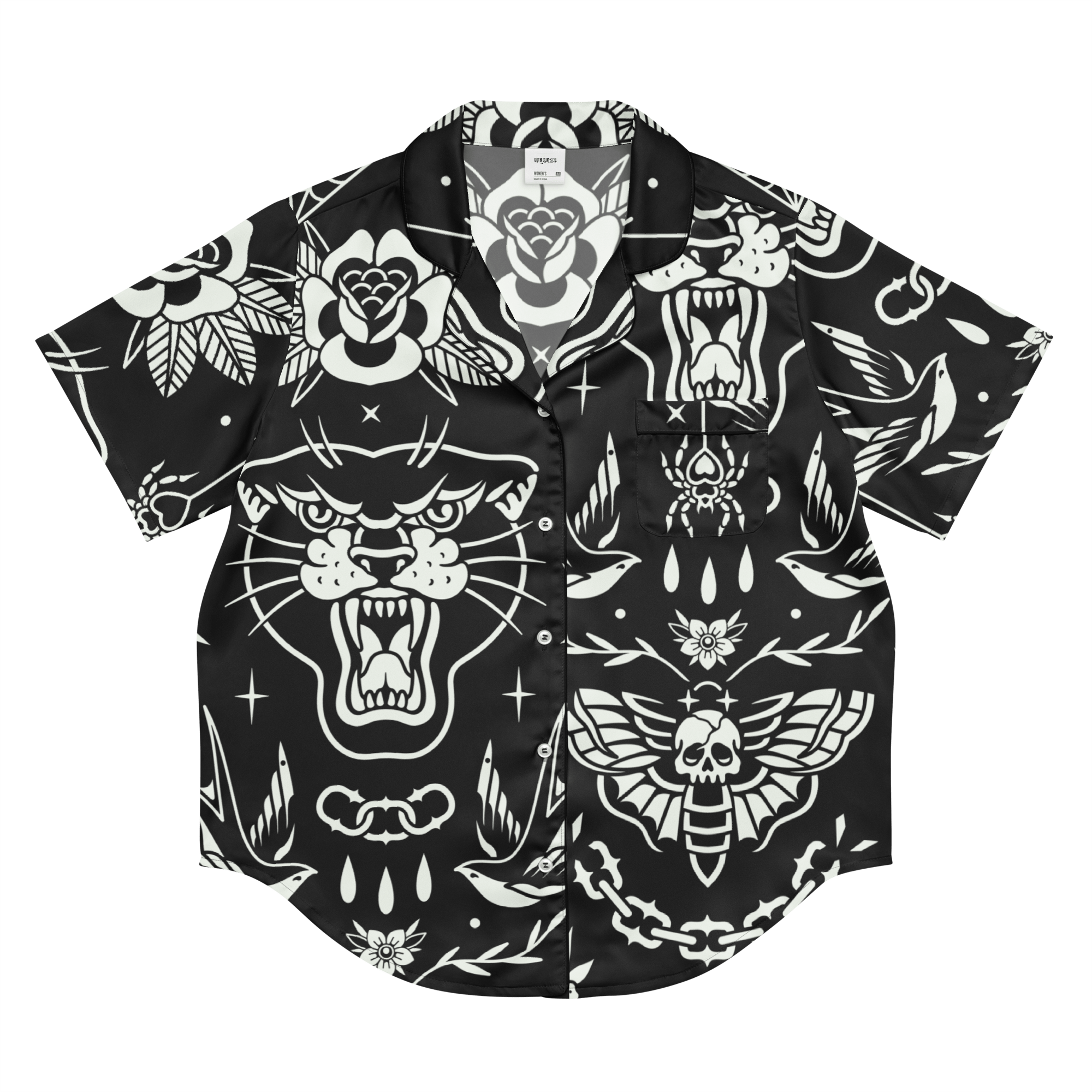 Old School Ink Silky Pajama Top by Goth Cloth Co. shown in black with a relaxed fit and smooth, silky fabric.