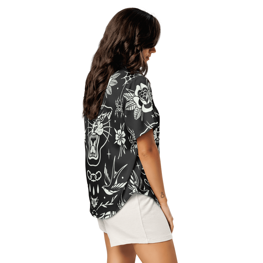 Goth Cloth Co. Old School Ink Silky Pajama Top with black and white ink design, silky fabric, and relaxed fit.