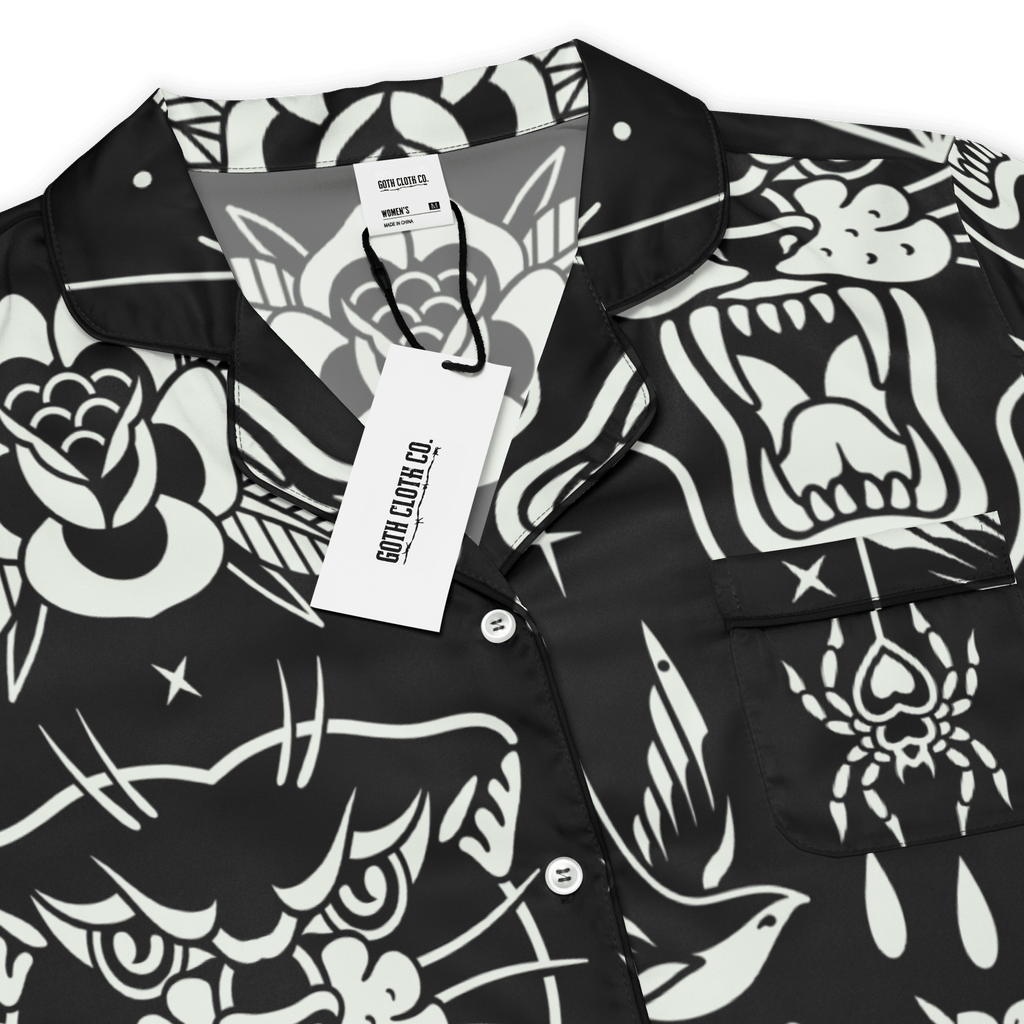Goth Cloth Co. Old School Ink Silky Pajama Top featuring a smooth black fabric with vintage-inspired ink design.