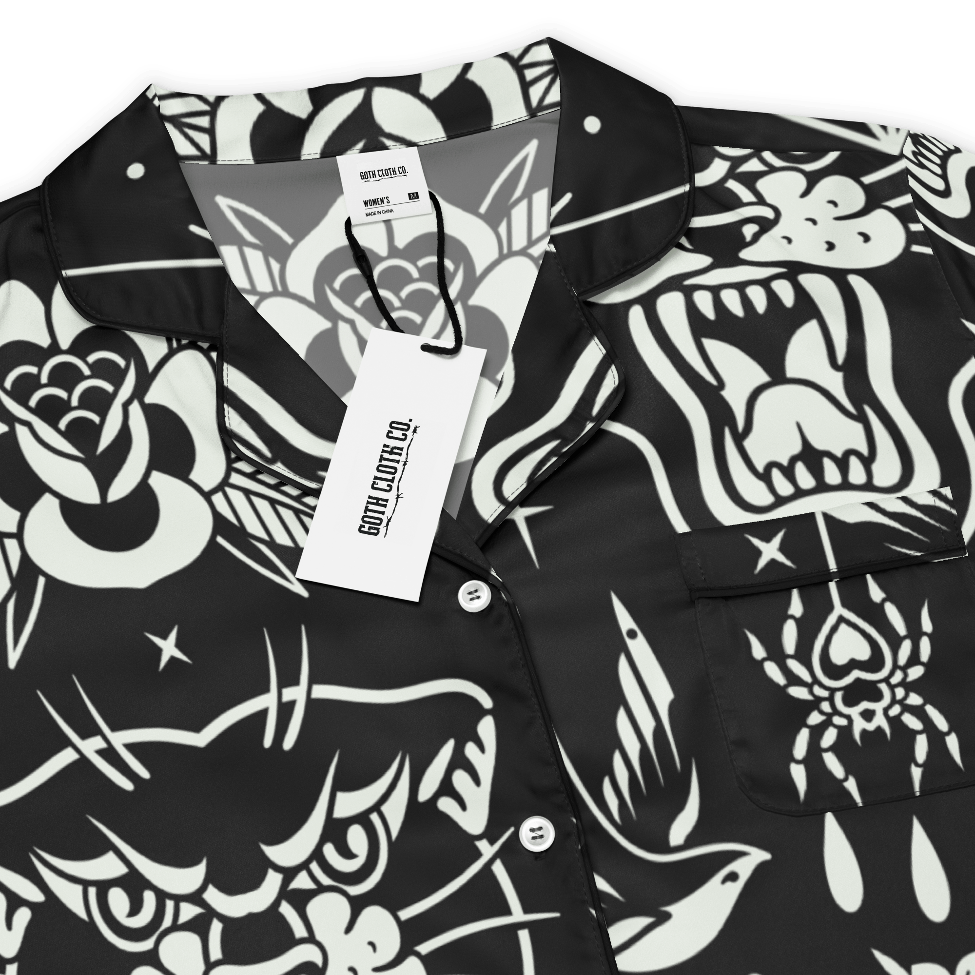 Goth Cloth Co. Old School Ink Silky Pajama Top featuring a smooth black fabric with vintage-inspired ink design.