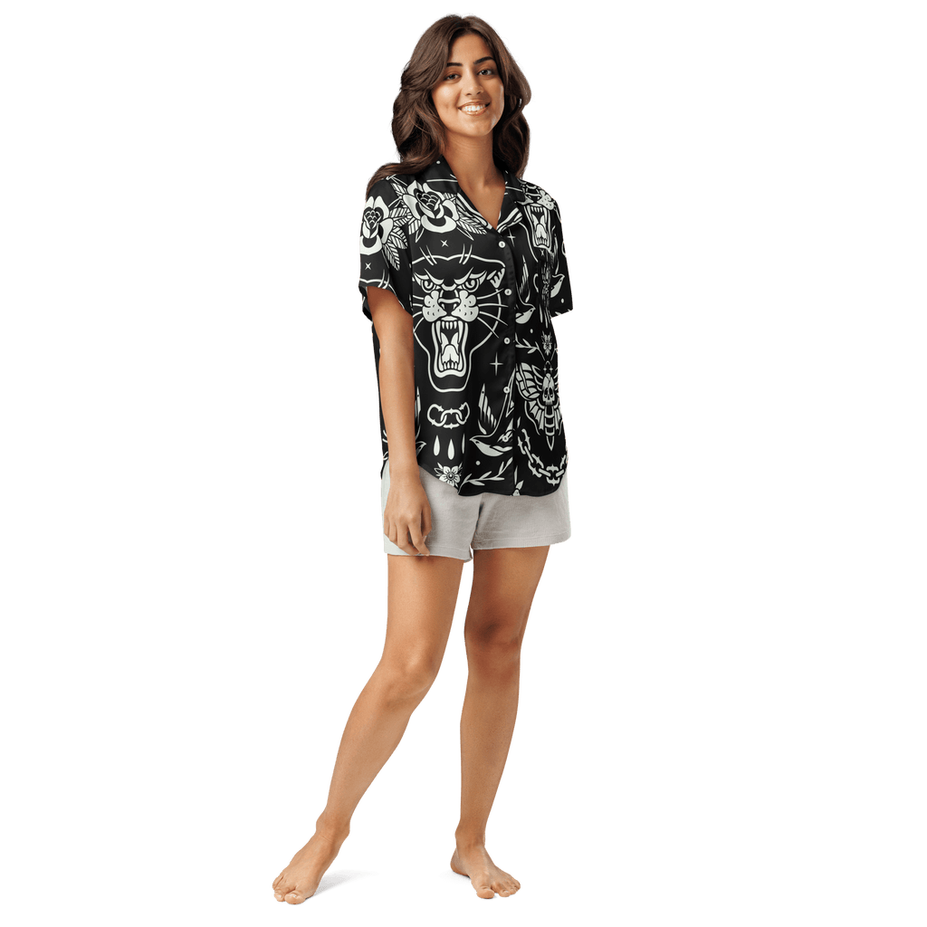 Old School Ink Silky Pajama Top by Goth Cloth Co. featuring smooth, silky fabric and vintage-inspired design.