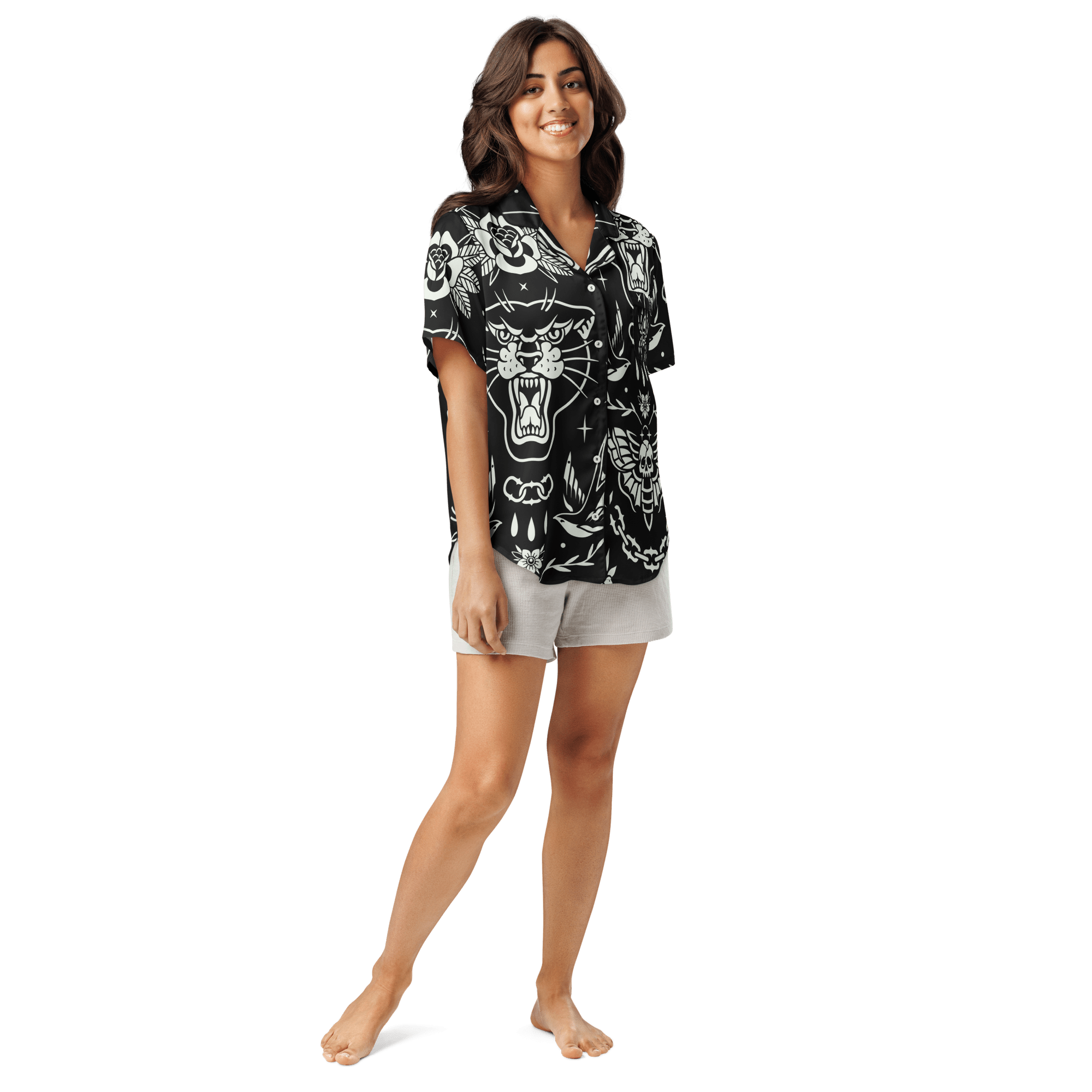 Old School Ink Silky Pajama Top by Goth Cloth Co. featuring smooth, silky fabric and vintage-inspired design.