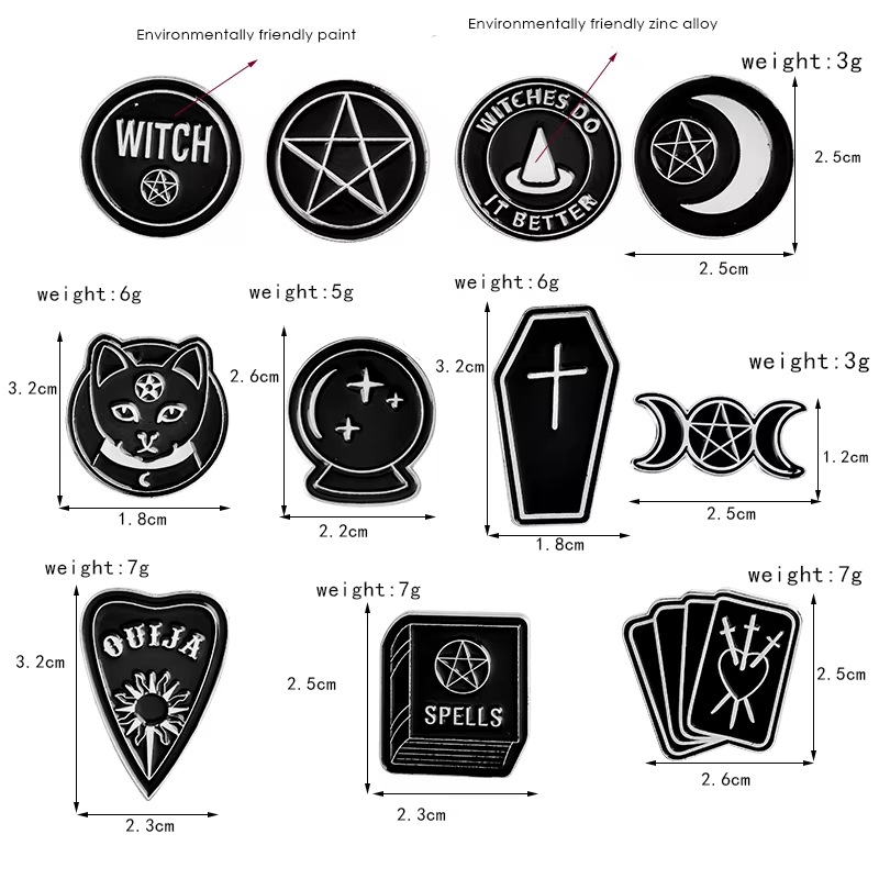 Set of black and white witch-themed pins by Green Witch Creations, featuring mystical symbols and witchy designs.