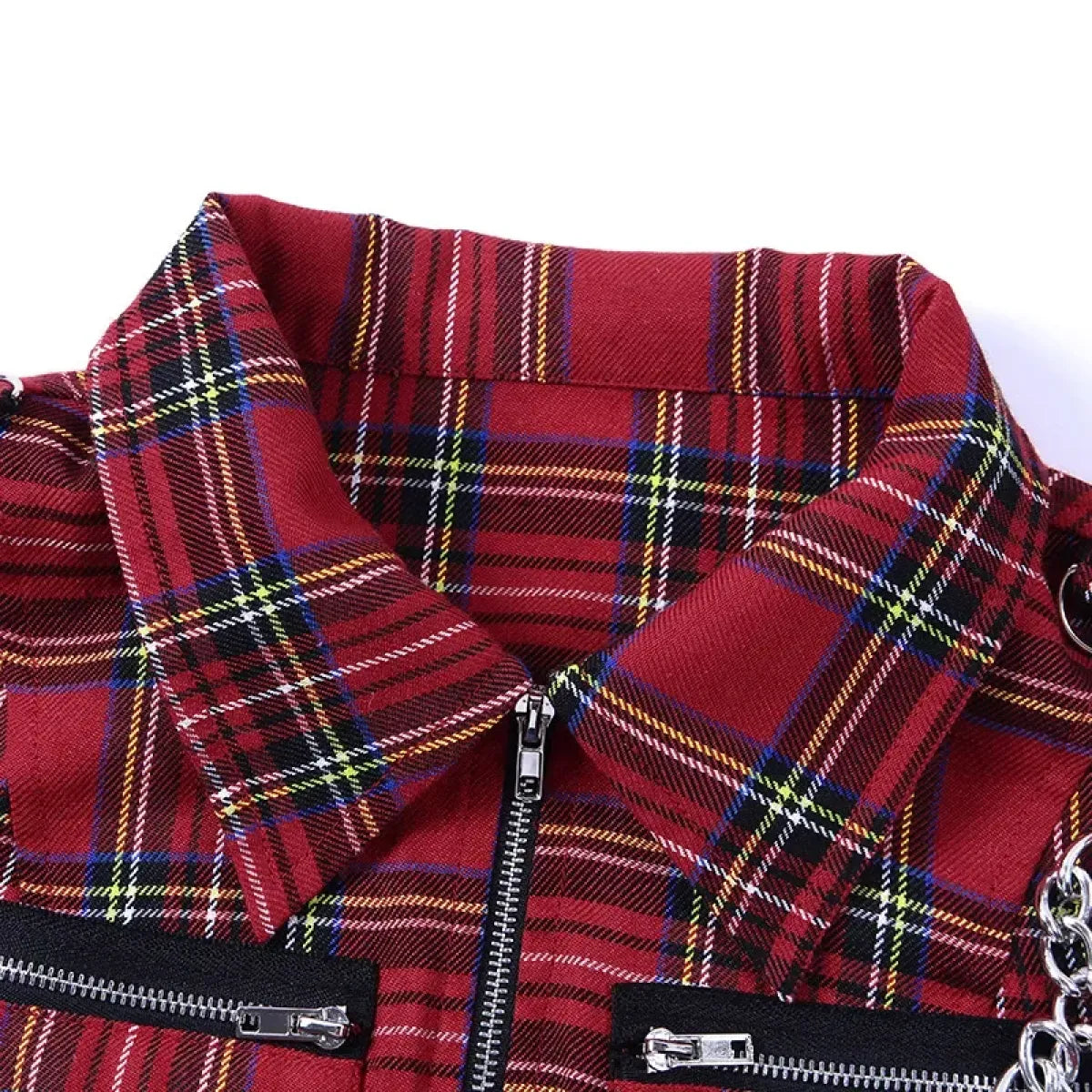 Plaid Punk Zipper Crop Top – Gothic Streetwear Chain Vest Top - Blackthorn 31