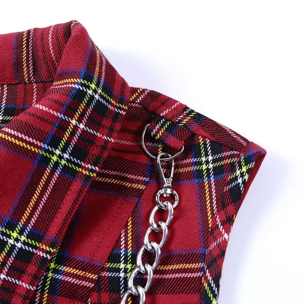 Plaid Punk Zipper Crop Top – Gothic Streetwear Chain Vest Top - Blackthorn 31