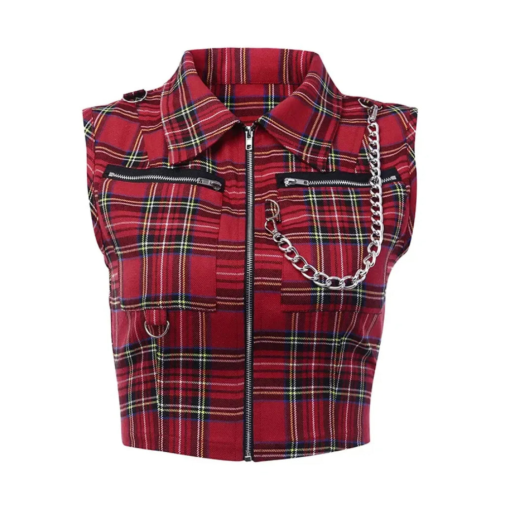 Plaid Punk Zipper Crop Top – Gothic Streetwear Chain Vest Top - Blackthorn 31