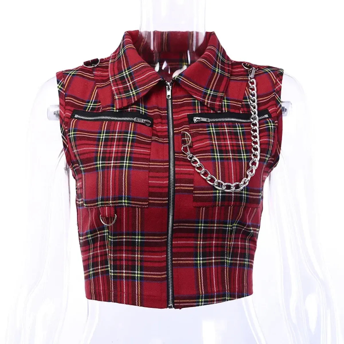 Plaid Punk Zipper Crop Top – Gothic Streetwear Chain Vest Top - Blackthorn 31