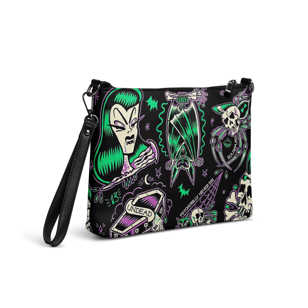 Psychobilly Blast crossbody bag from Goth Cloth Co. featuring bold, gothic-themed design with adjustable strap and spacious interior.