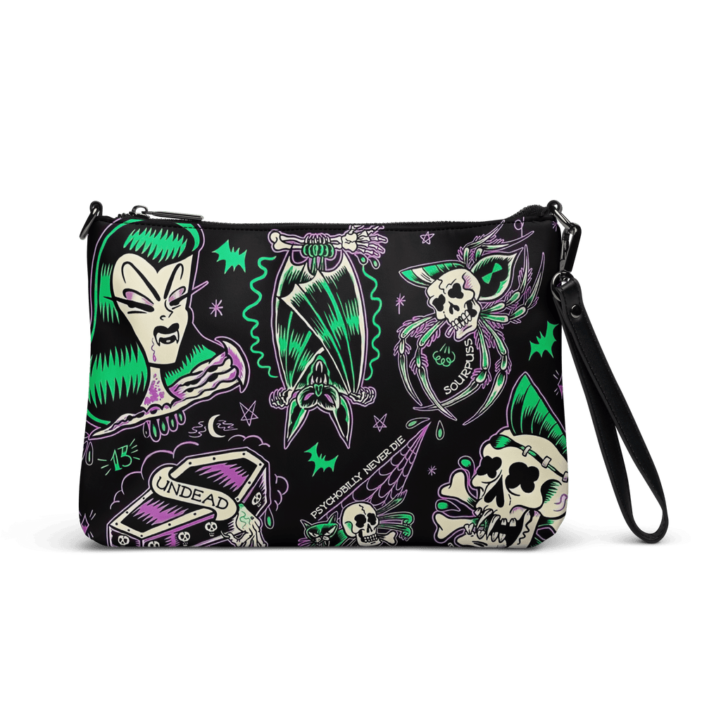 Psychobilly Blast crossbody bag by Goth Cloth Co. with bold graphic design and adjustable strap, made of durable fabric.