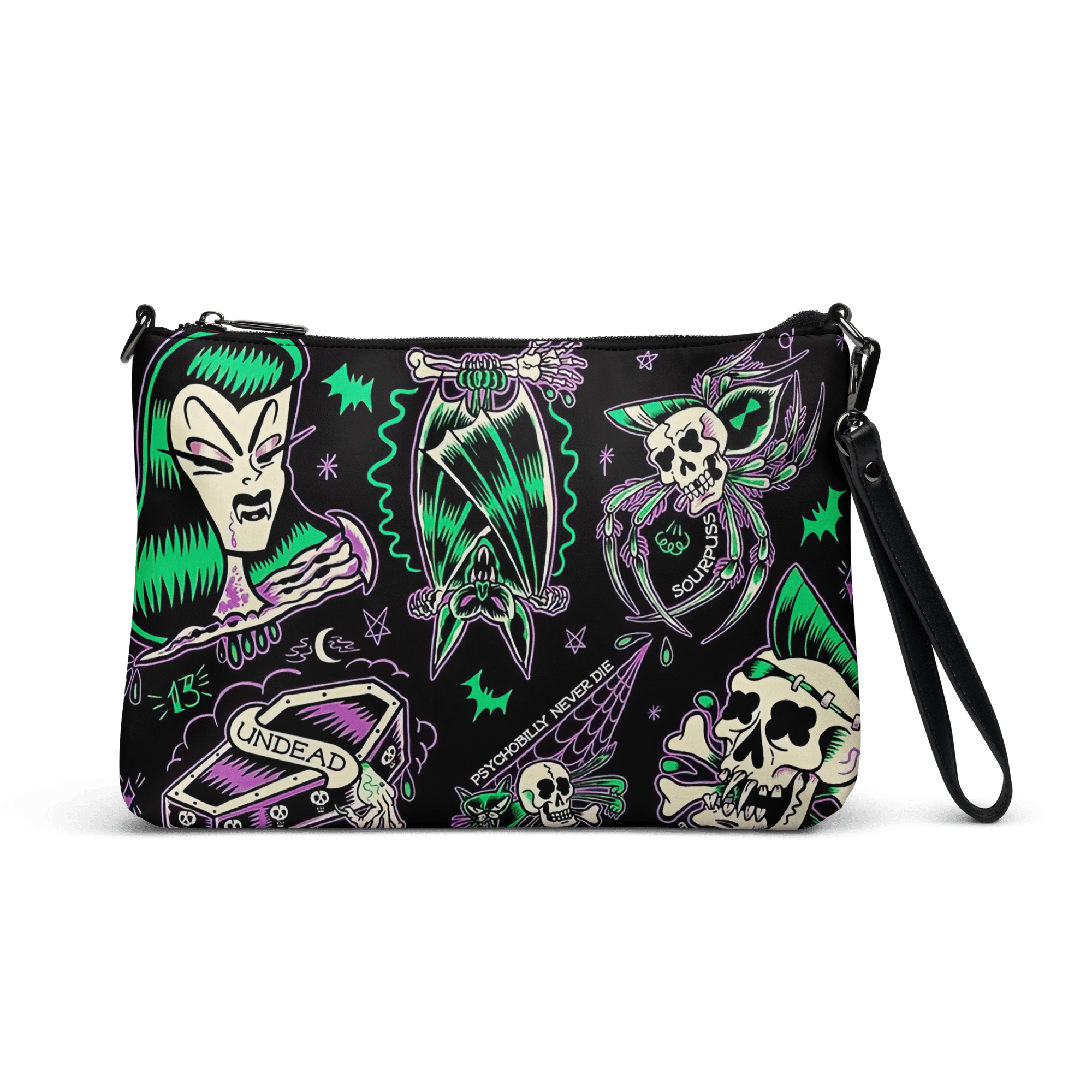 Psychobilly Blast crossbody bag by Goth Cloth Co. with bold graphic design and adjustable strap, made of durable fabric.