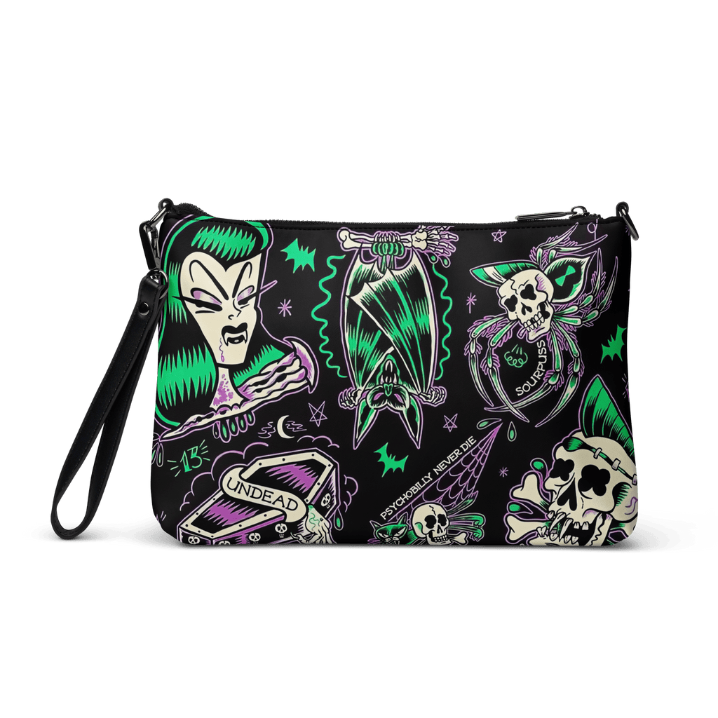 Black Psychobilly Blast crossbody bag with gothic graphic design, featuring adjustable strap and zipper closure from Goth Cloth Co.