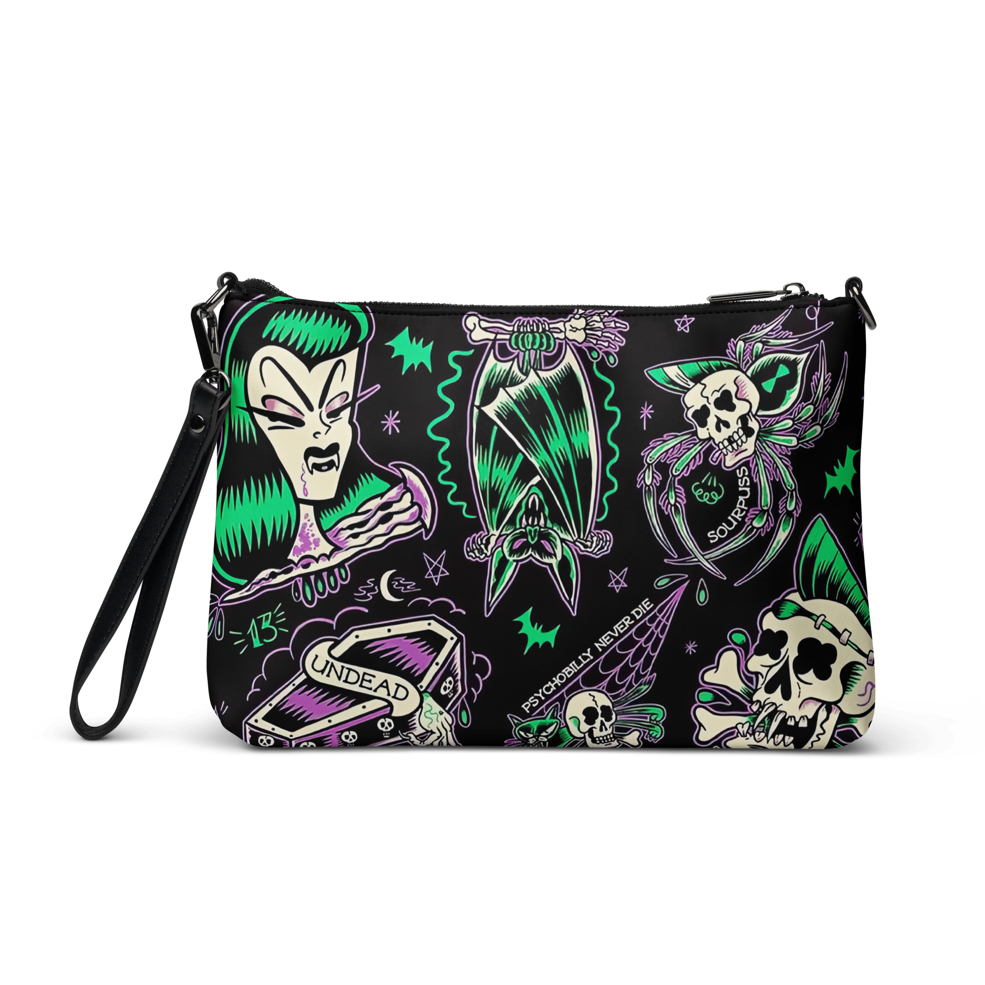 Black Psychobilly Blast crossbody bag with gothic graphic design, featuring adjustable strap and zipper closure from Goth Cloth Co.
