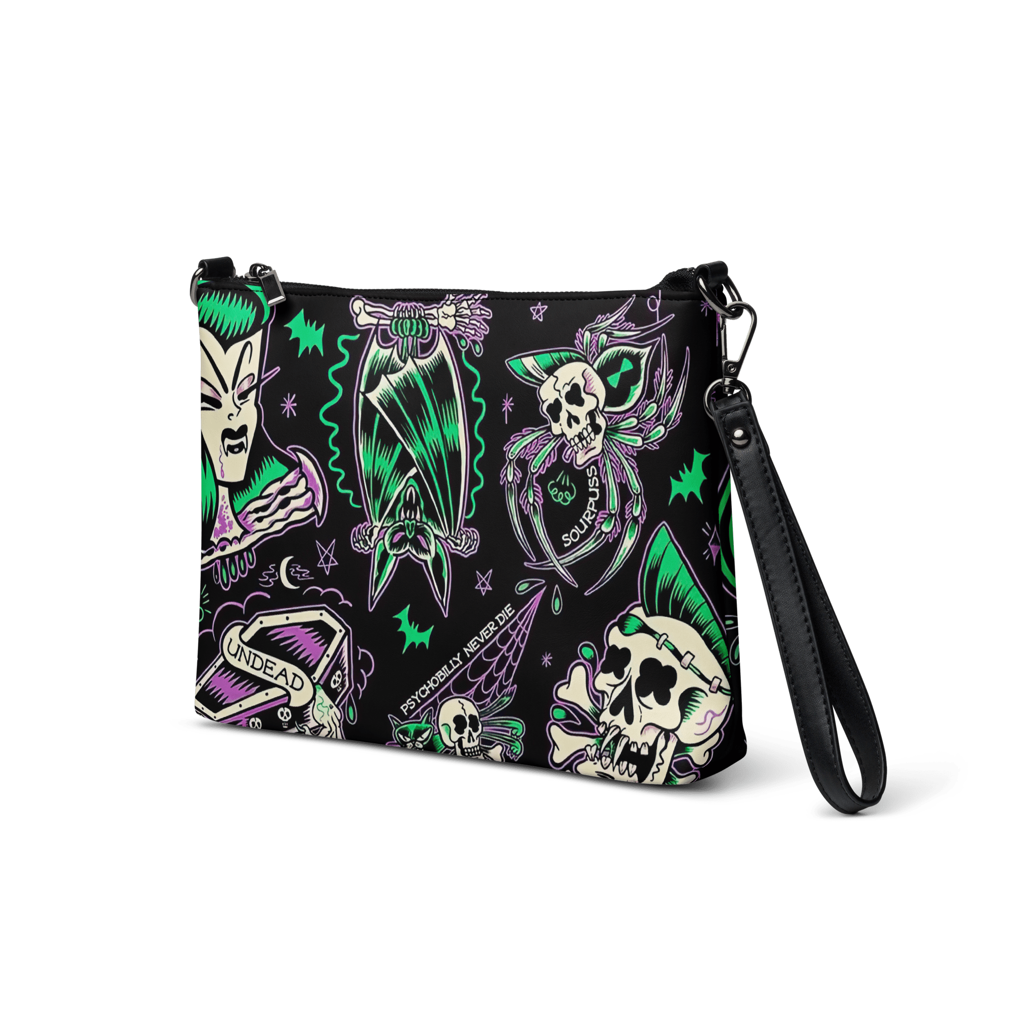 Psychobilly Blast crossbody bag by Goth Cloth Co. featuring bold graphic design and adjustable strap for stylish carrying.