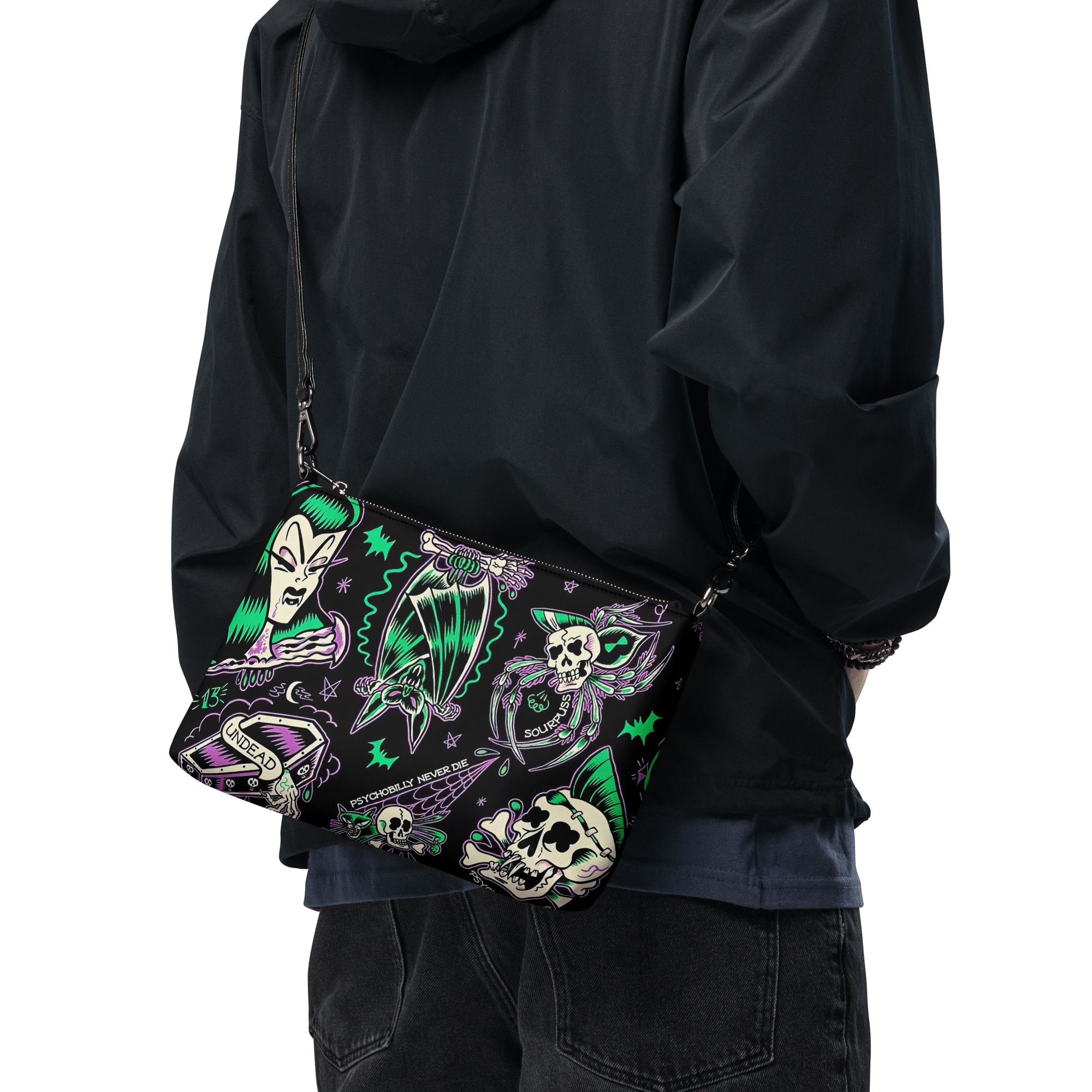 Psychobilly Blast crossbody bag with bold graphic design, black and red colors, featuring gothic and punk-inspired artwork.