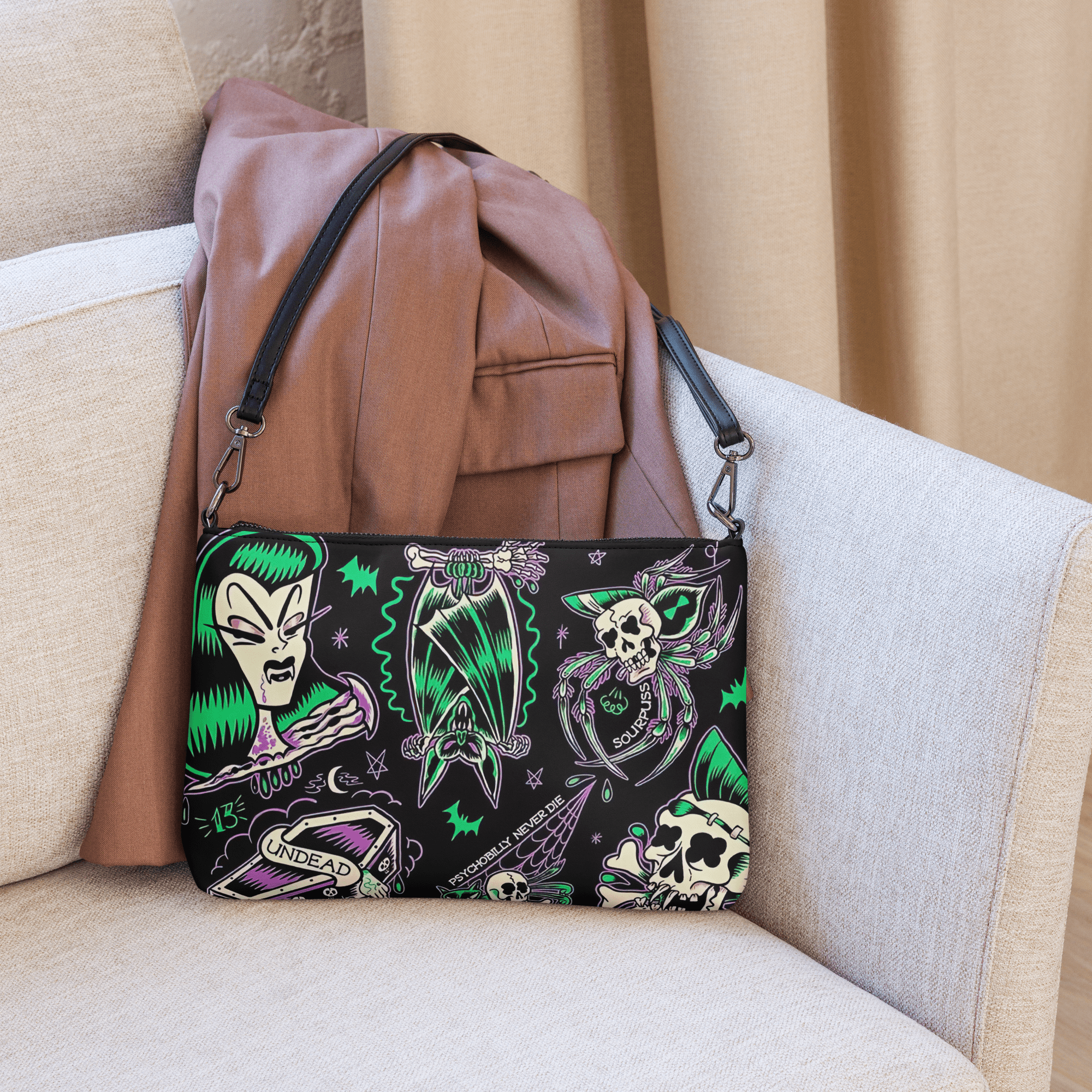 Black Psychobilly Blast crossbody bag with horror-inspired artwork and adjustable strap from Goth Cloth Co.