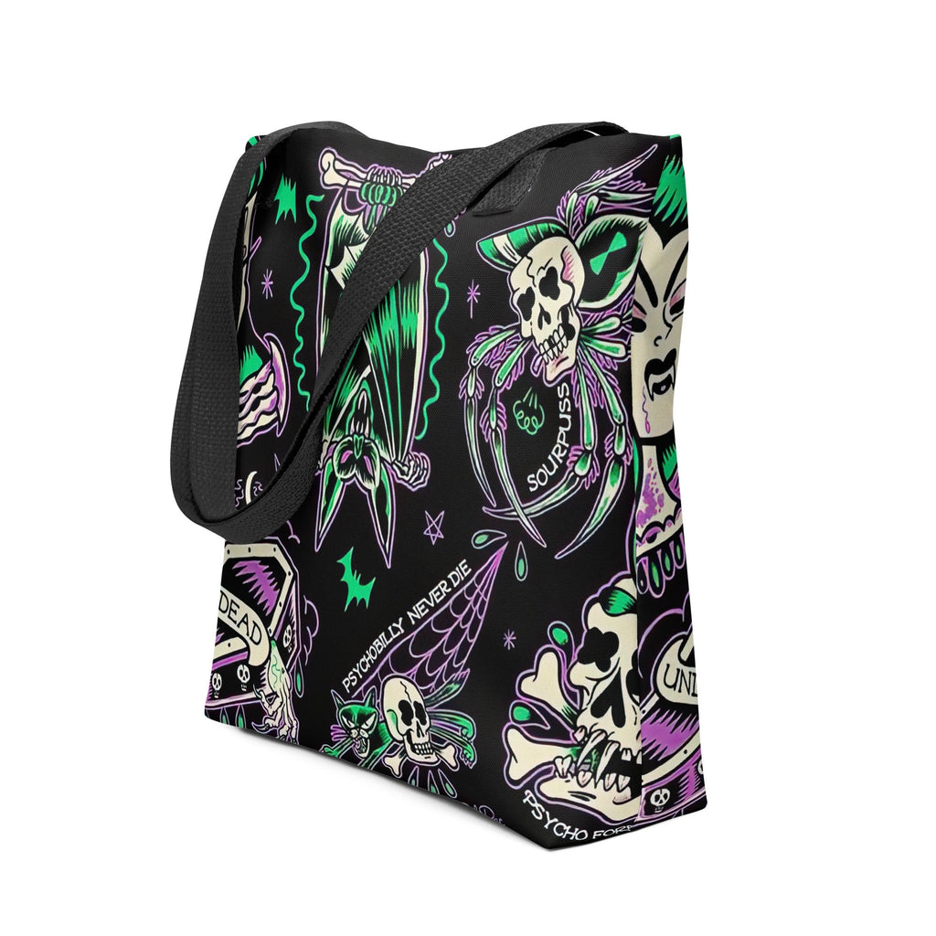 Psychobilly Blast tote bag featuring bold graphic design, black fabric, and Goth Cloth Co. branding.