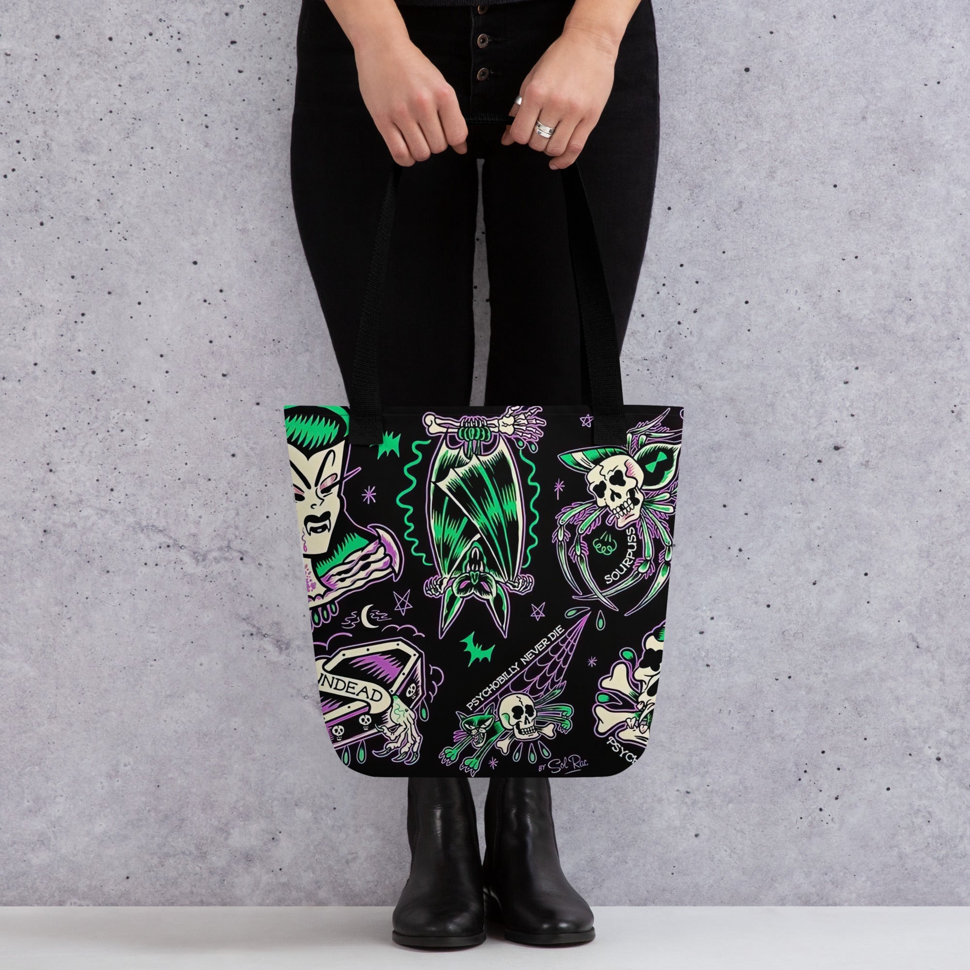 Psychobilly Blast tote bag by Goth Cloth Co. featuring bold graphic design and sturdy handles, perfect for everyday use.