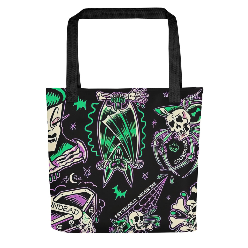 Psychobilly Blast tote bag by Goth Cloth Co. featuring bold, graphic punk-inspired artwork on durable fabric.