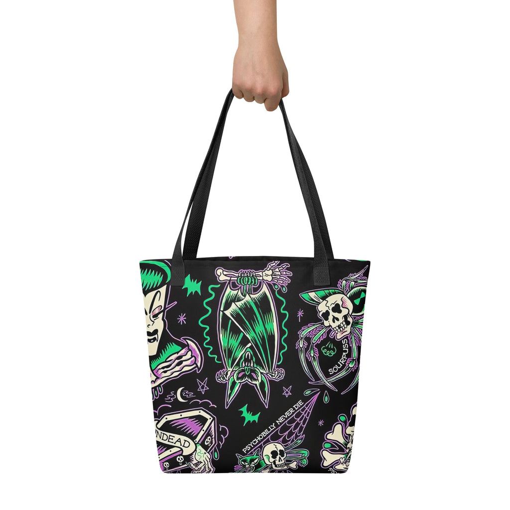 Psychobilly Blast tote bag by Goth Cloth Co. featuring bold graphic design, durable fabric, and sturdy handles perfect for everyday use.