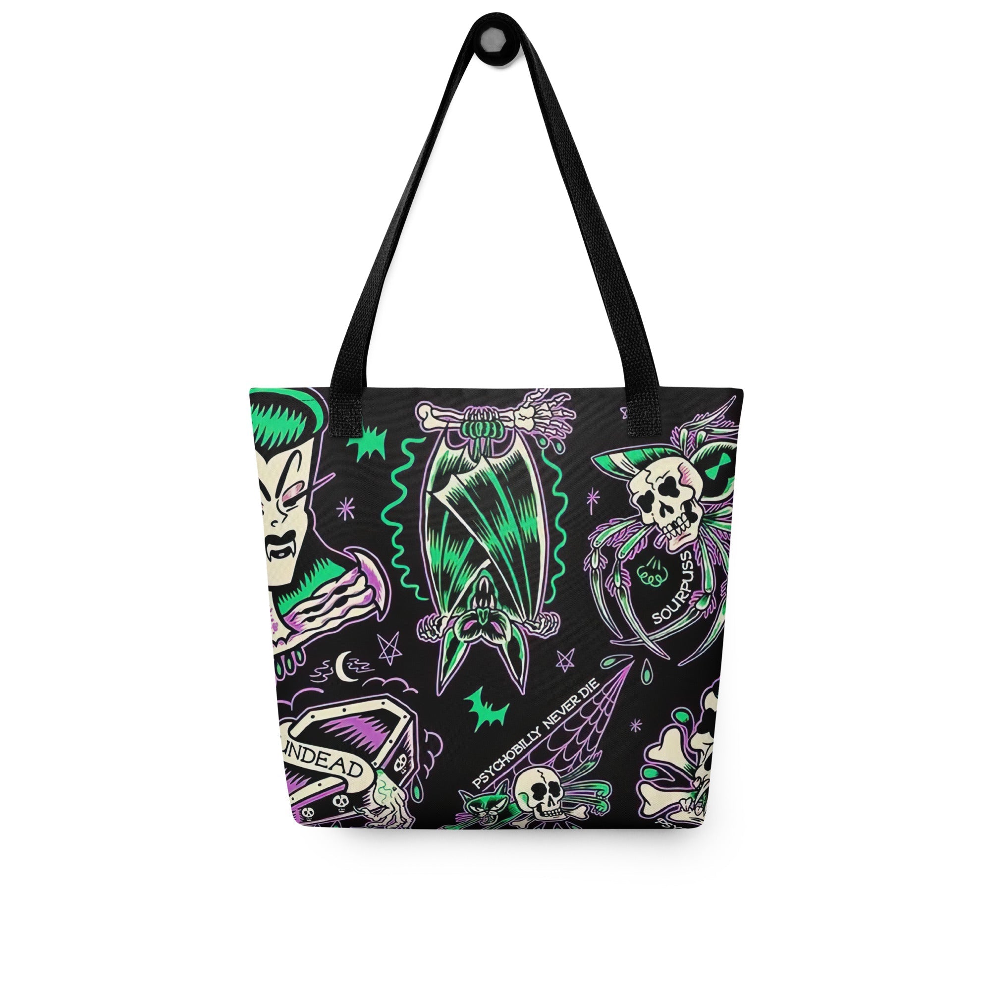 Psychobilly Blast tote bag by Goth Cloth Co. featuring vibrant, horror-inspired artwork on durable black fabric.