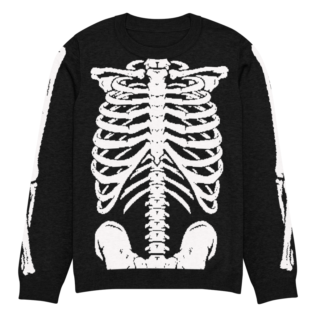 Skeleton Squad knit crew neck sweater by Goth Cloth Co., featuring a skeleton graphic on a black knit fabric.