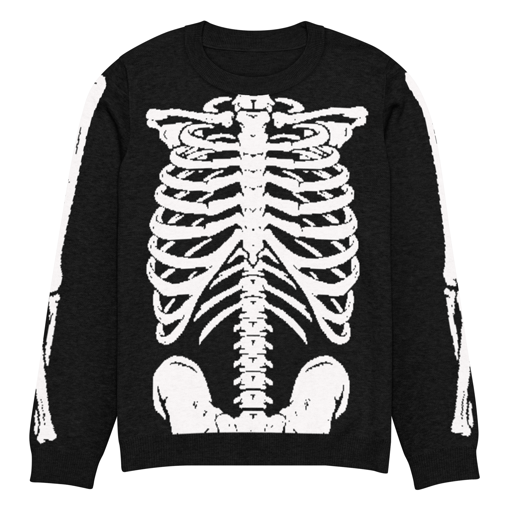 Skeleton Squad knit crew neck sweater by Goth Cloth Co., featuring a skeleton graphic on a black knit fabric.
