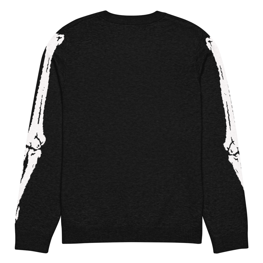 Skeleton Squad knit crew neck sweater from Goth Cloth Co., featuring a skeleton design on a cozy knit fabric.