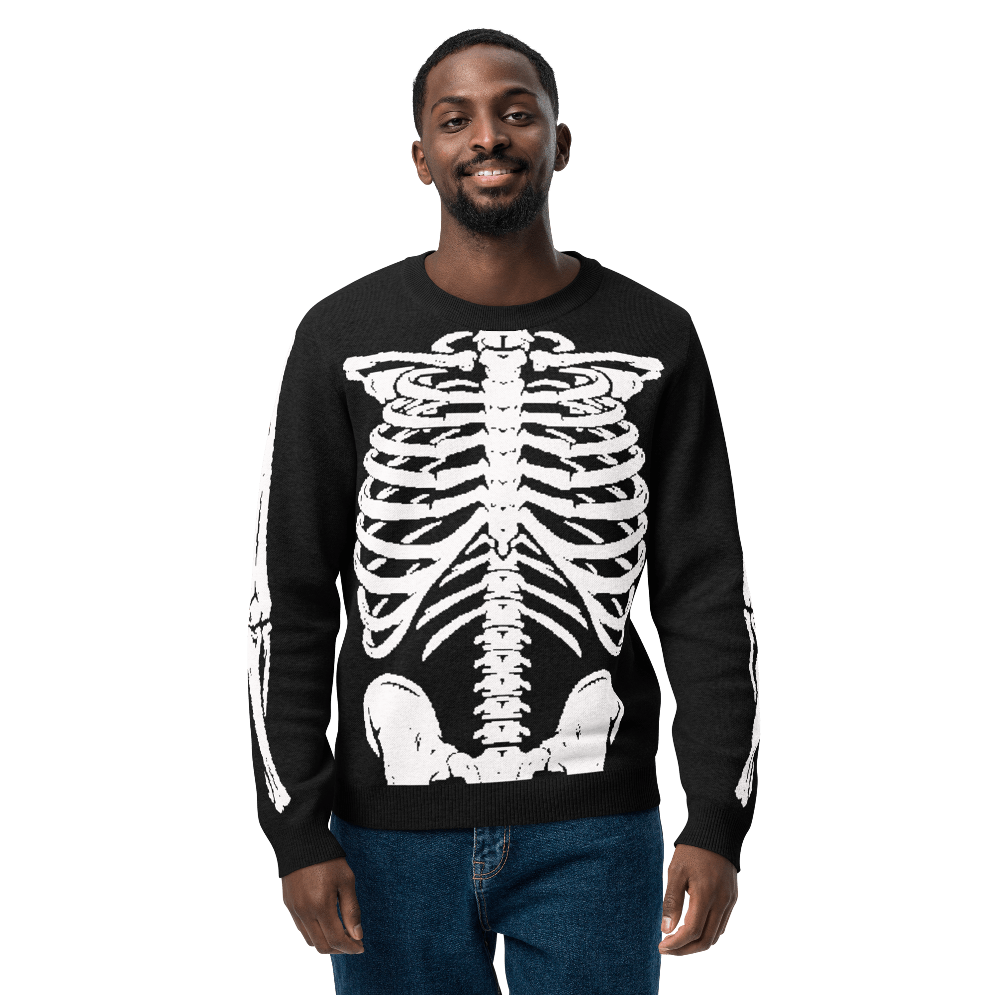 Skeleton Squad knit crew neck sweater by Goth Cloth Co. featuring a skeleton graphic on a cozy knit fabric.
