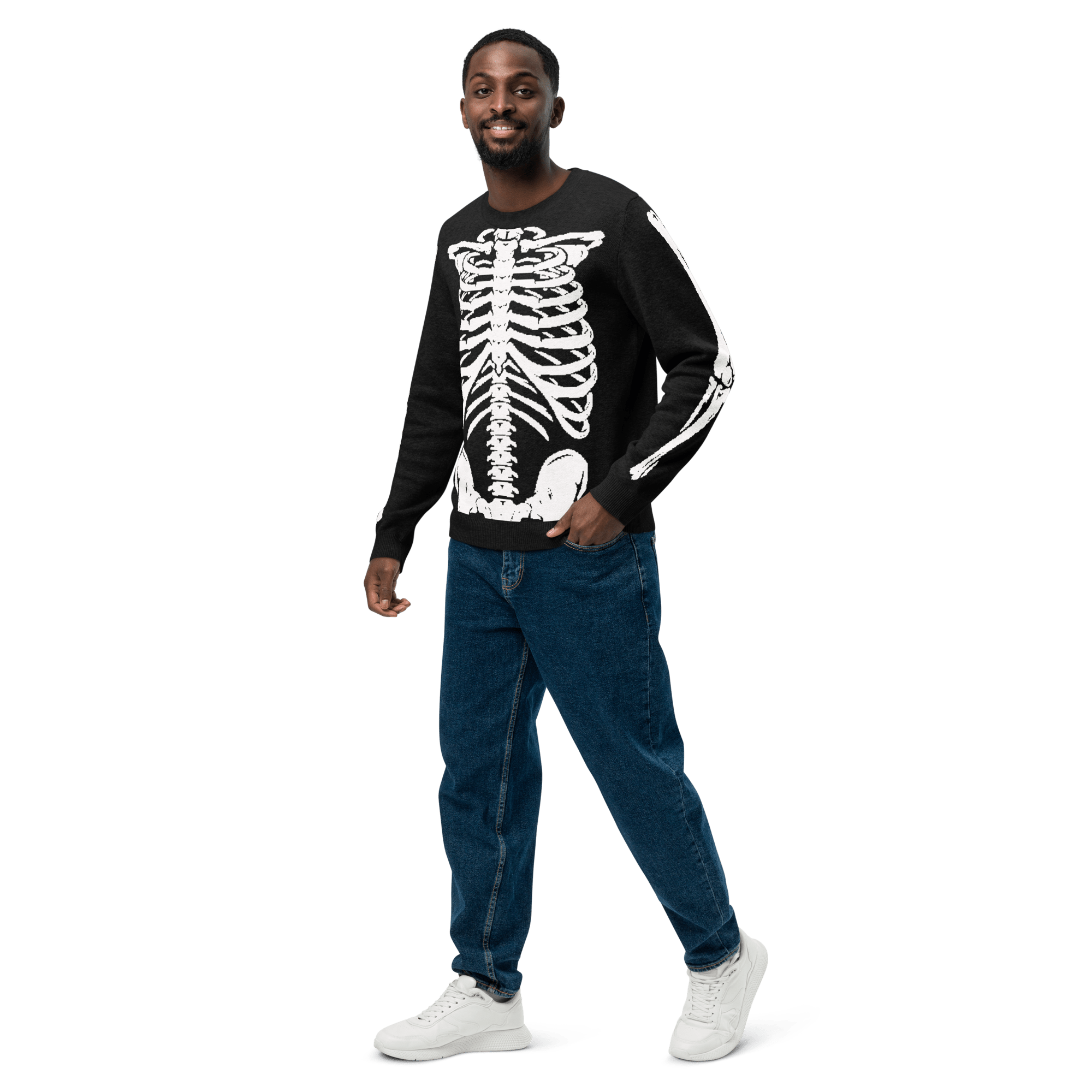 Skeleton Squad knit crew neck sweater by Goth Cloth Co. featuring a detailed skeleton design on soft fabric.