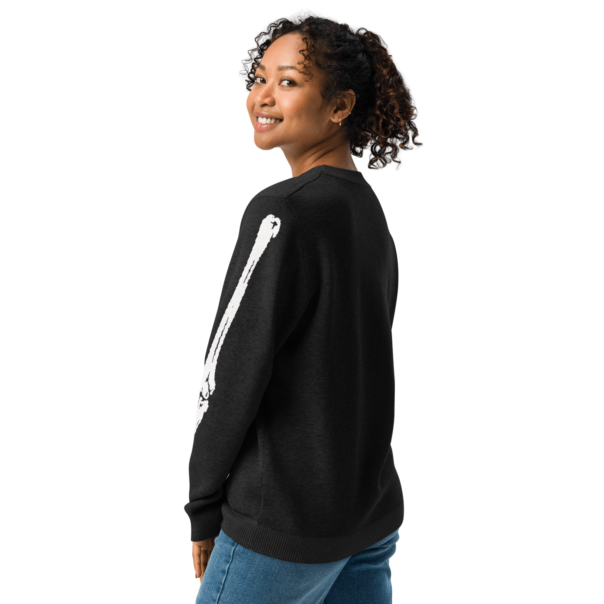 Skeleton Squad knit crew neck sweater by Goth Cloth Co., featuring a detailed skeleton design on a comfortable knit fabric.