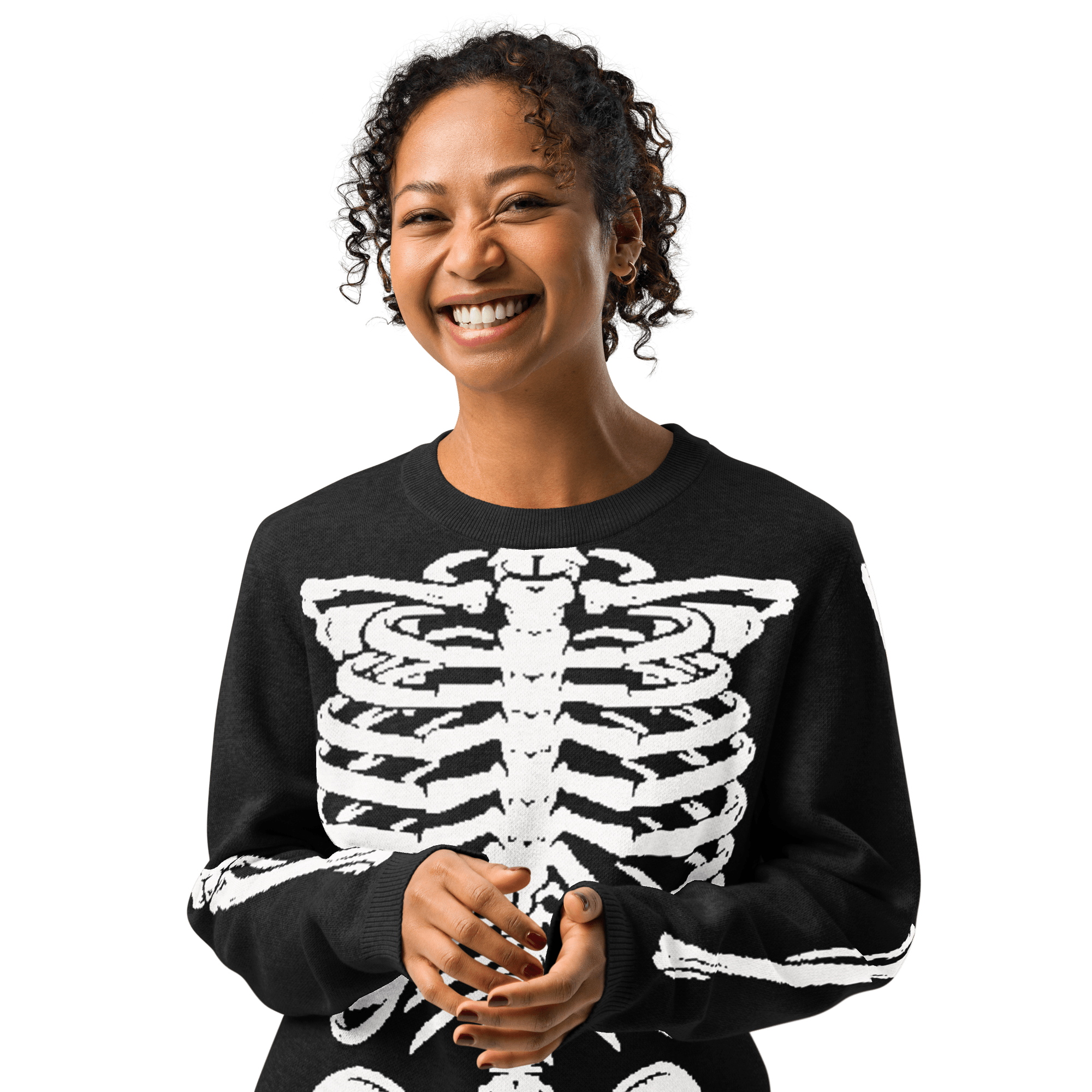 Skeleton Squad knit crew neck sweater by Goth Cloth Co. featuring a detailed skeleton graphic on a cozy knit fabric.