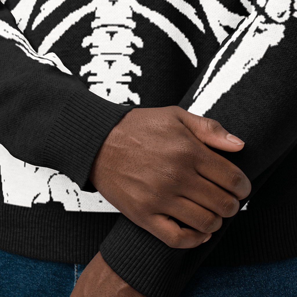 Skeleton Squad knit crew neck sweater by Goth Cloth Co. featuring a detailed skeleton design on soft fabric.