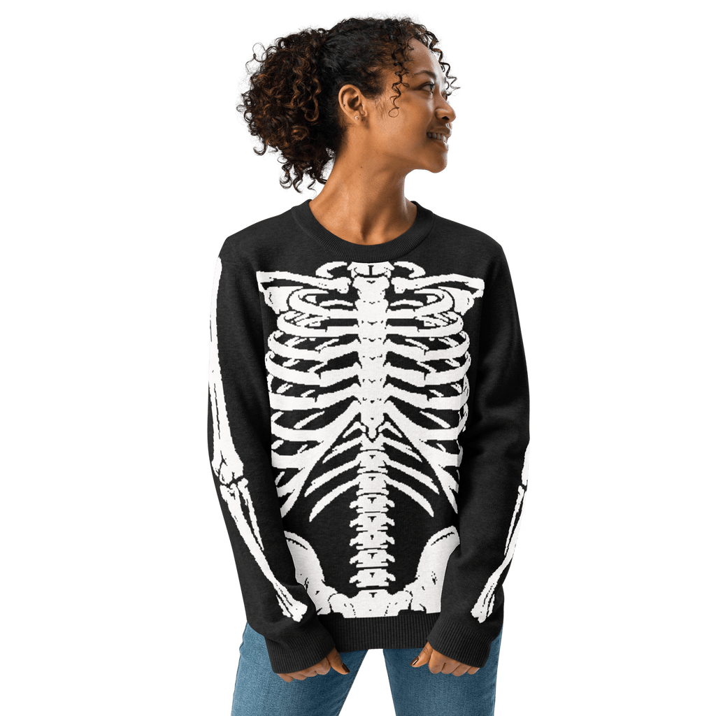 Skeleton Squad knit crew neck sweater by Goth Cloth Co. featuring a detailed skeleton design on soft fabric.