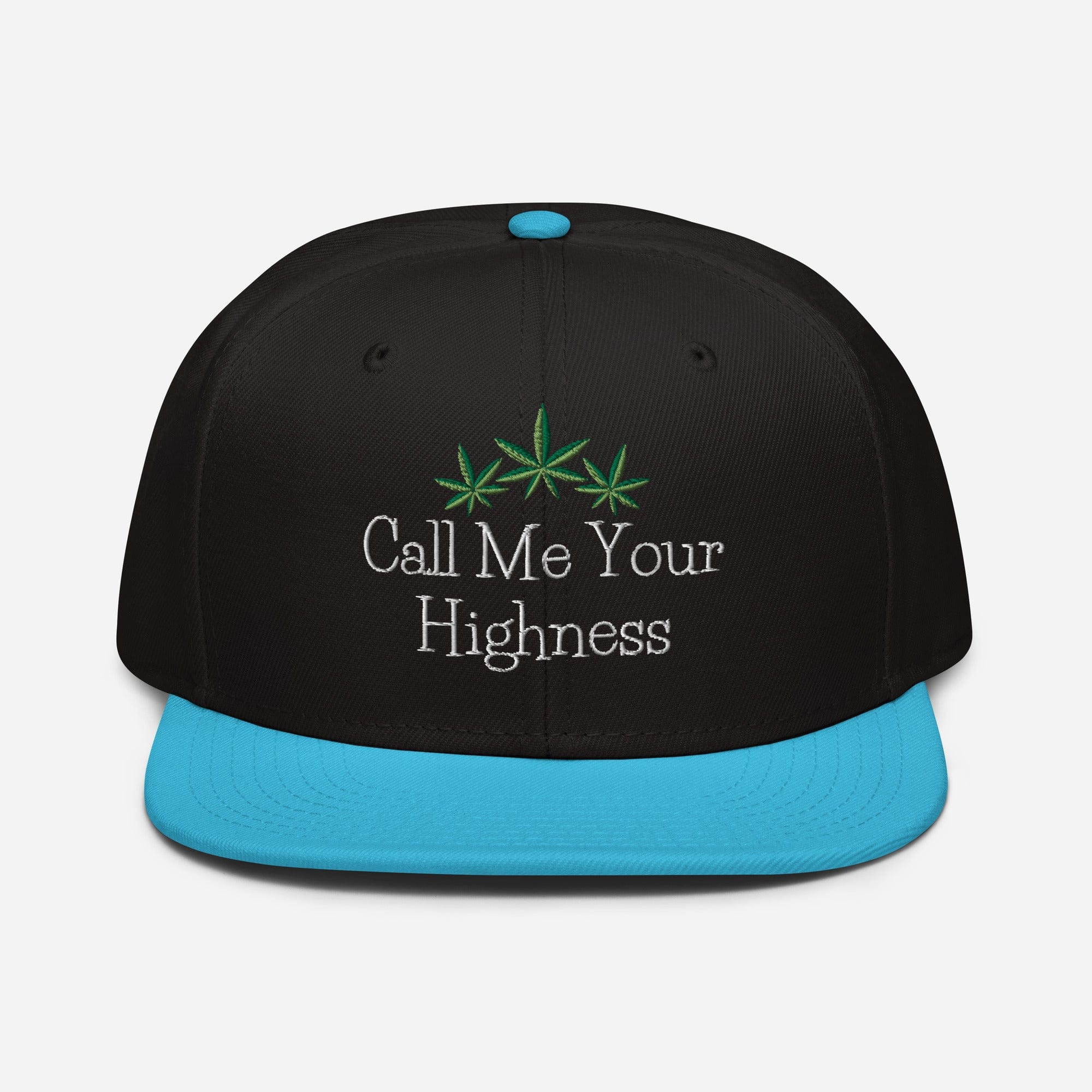 Aqua blue and black Call Me Your Highness snapback hat by The Cannabis Community with front logo design.