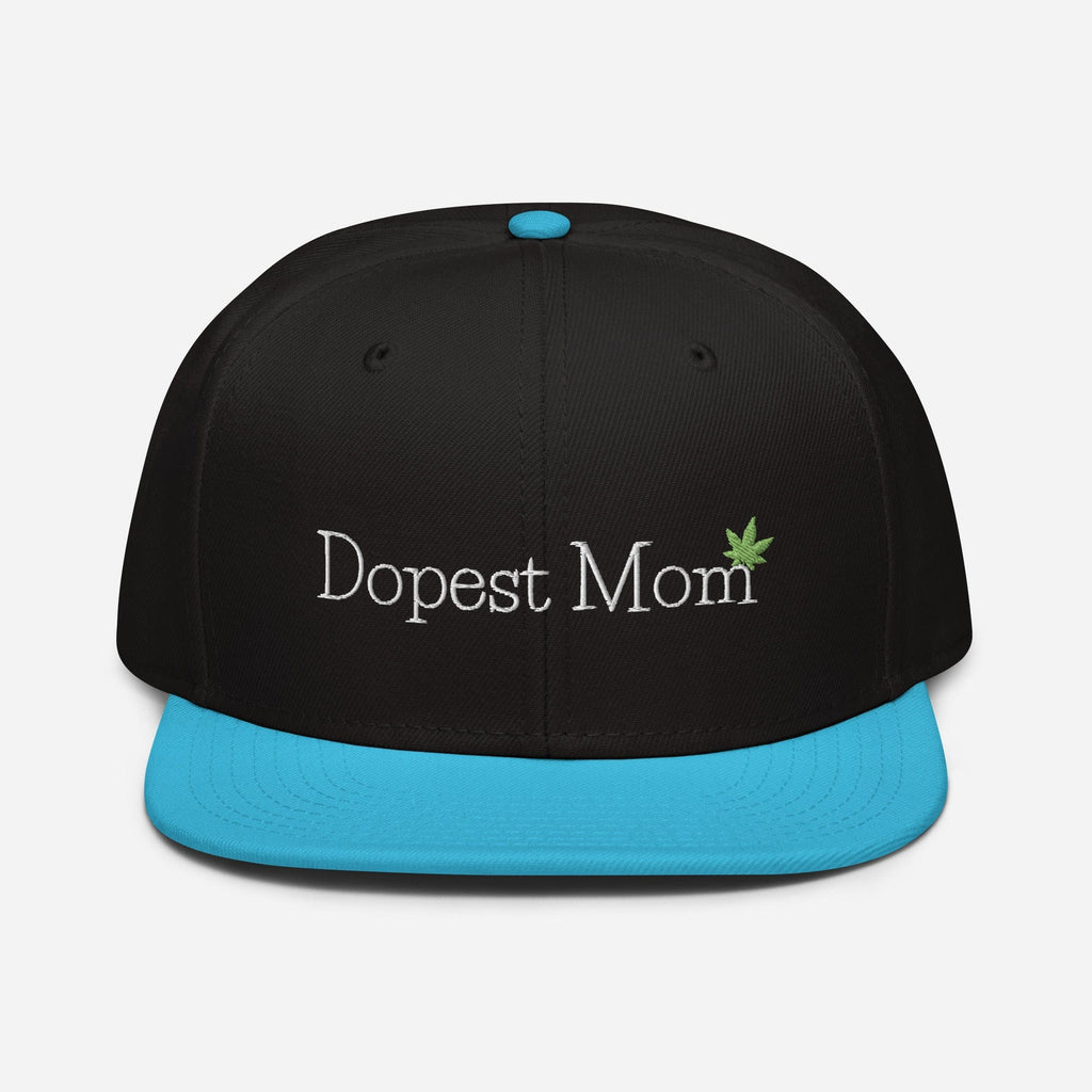 Aqua blue and black Dopest Mom Cannabis Snapback Hat by The Cannabis Community, featuring a flat brim and bold design on the front.