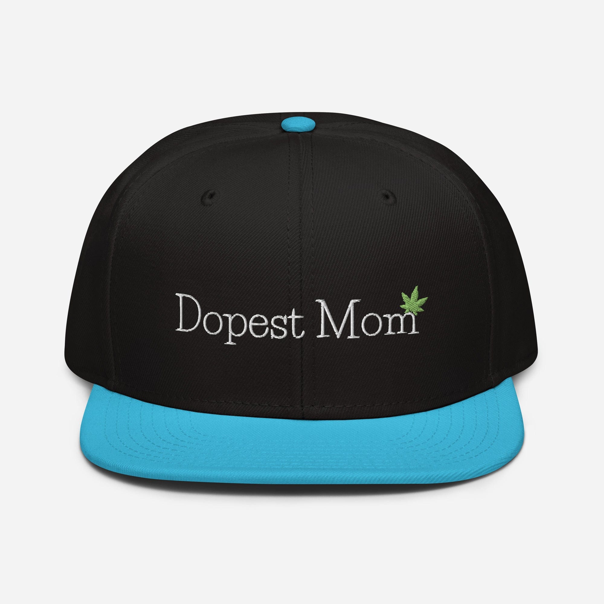 Aqua blue and black Dopest Mom Cannabis Snapback Hat by The Cannabis Community, featuring a flat brim and bold design on the front.