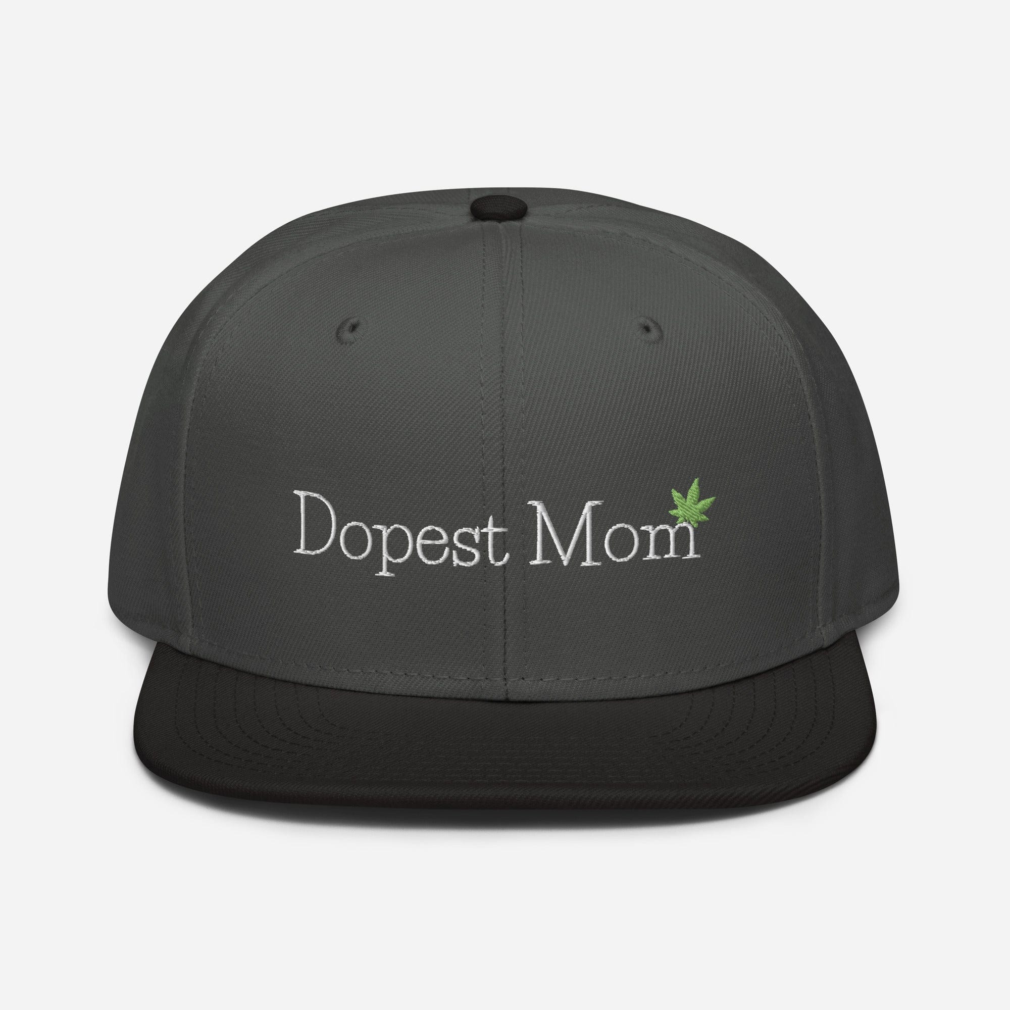 Black and charcoal gray snapback hat with "Dopest Mom Cannabis" embroidered front, by The Cannabis Community.