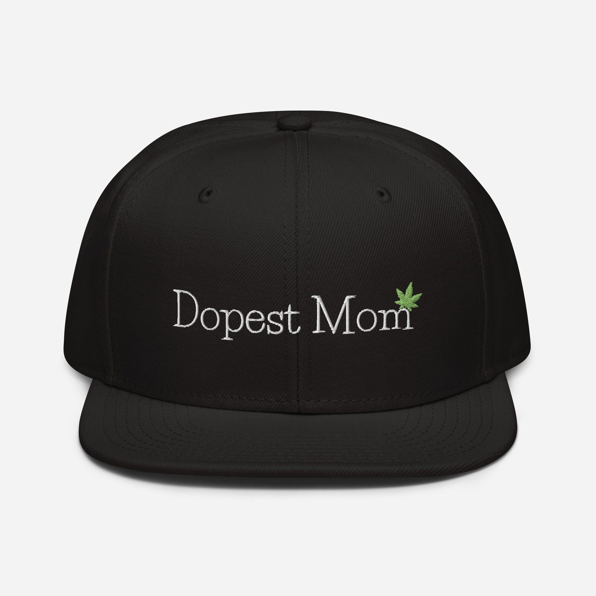 Black Dopest Mom Cannabis Snapback Hat by The Cannabis Community, front view showing embroidered logo and adjustable strap