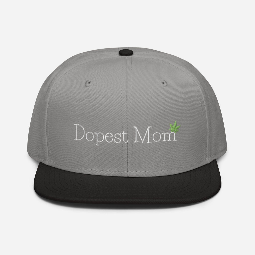 Black and gray Dopest Mom Cannabis Snapback Hat by The Cannabis Community, front view showing the embroidered design.