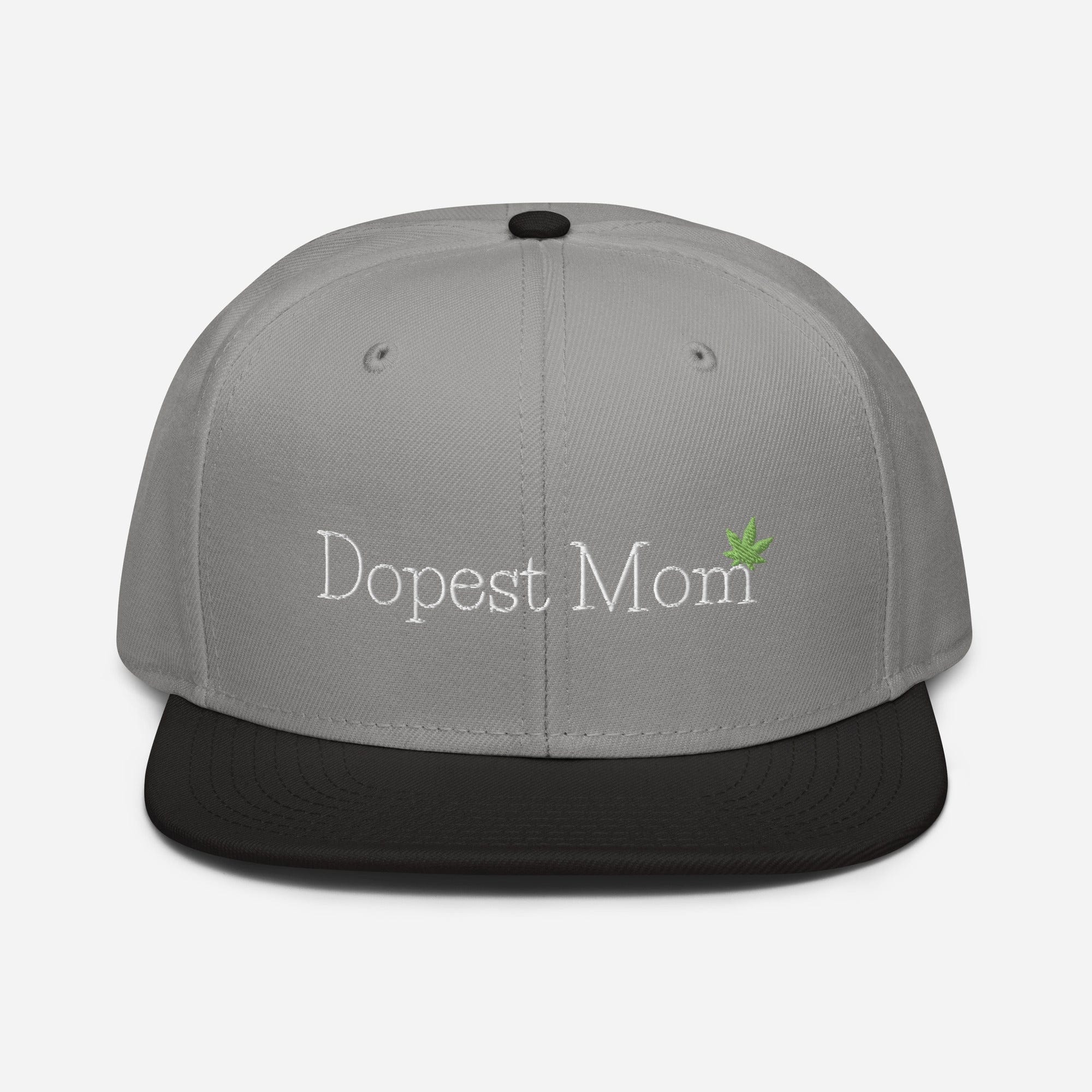Black and gray Dopest Mom Cannabis Snapback Hat by The Cannabis Community, front view showing the embroidered design.