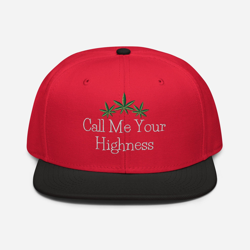 Black and red Call Me Your Highness snapback hat by The Cannabis Community, featuring bold front design and adjustable fit.