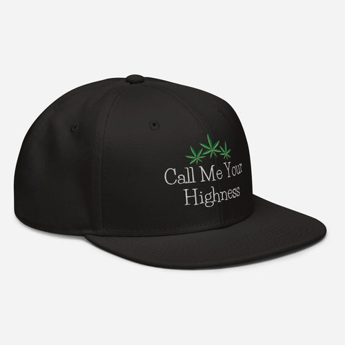 Black Call Me Your Highness snapback hat by The Cannabis Community, showing the front and right side profile.