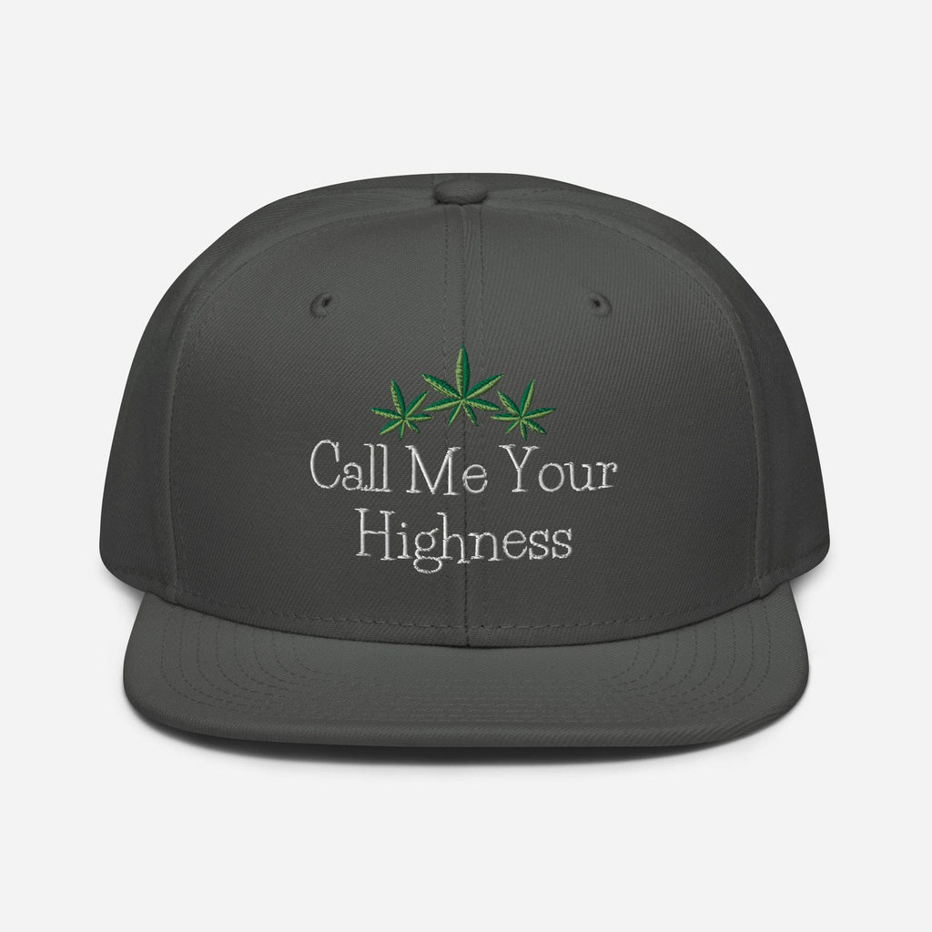 Charcoal gray Call Me Your Highness snapback hat by The Cannabis Community with front design, adjustable brim, and structured crown.