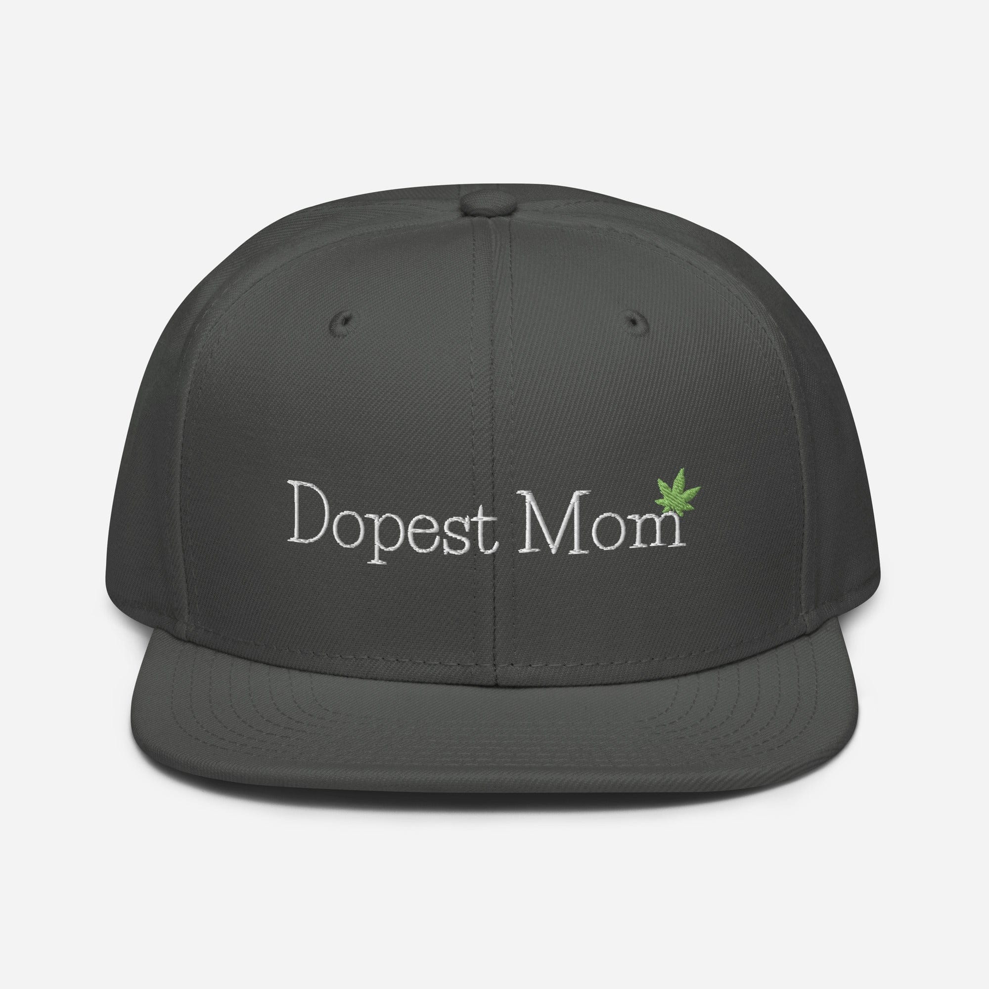 Charcoal gray Dopest Mom Cannabis Snapback Hat by The Cannabis Community with embroidered front design.